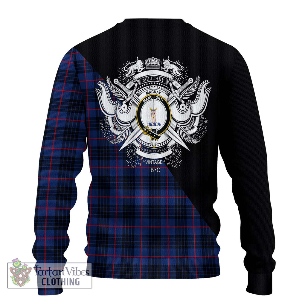 MacKay Blue Modern Tartan Knitted Sweater with Family Crest and Military Logo Style - Tartanvibesclothing Shop