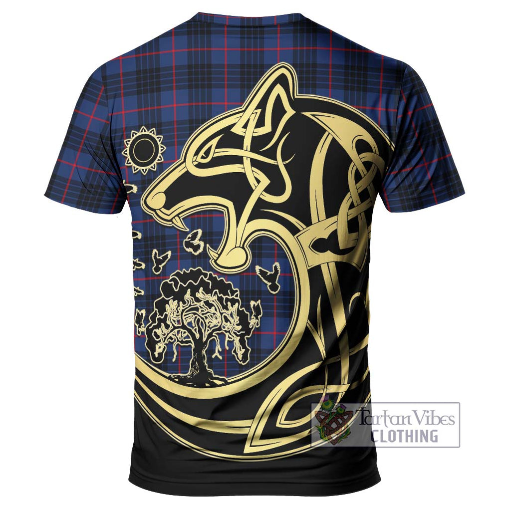 MacKay Blue Modern Tartan T-Shirt with Family Crest Celtic Wolf Style - Tartan Vibes Clothing