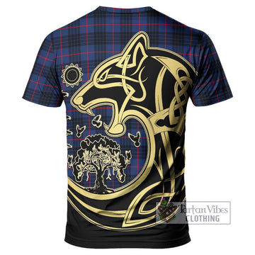 MacKay Blue Modern Tartan T-Shirt with Family Crest Celtic Wolf Style