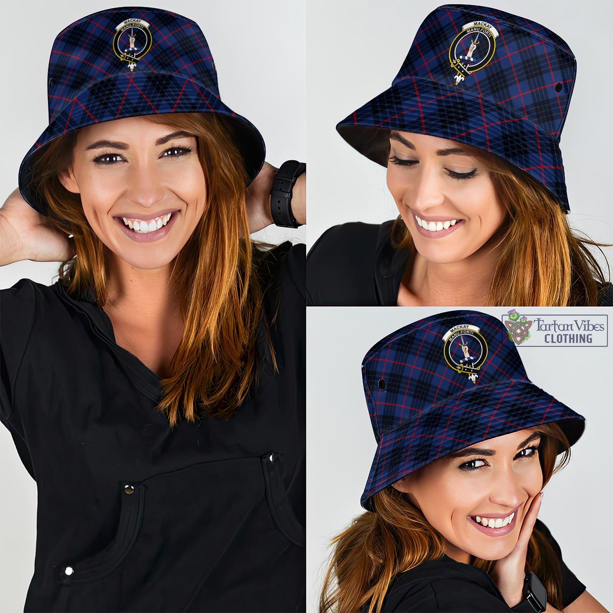 Tartan Vibes Clothing MacKay Blue Modern Tartan Bucket Hat with Family Crest