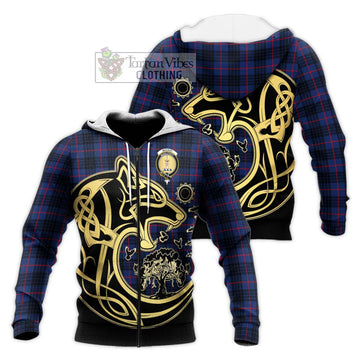 MacKay Blue Modern Tartan Knitted Hoodie with Family Crest Celtic Wolf Style