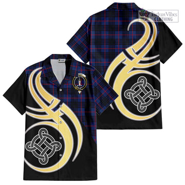 MacKay Blue Modern Tartan Short Sleeve Button Shirt with Family Crest and Celtic Symbol Style