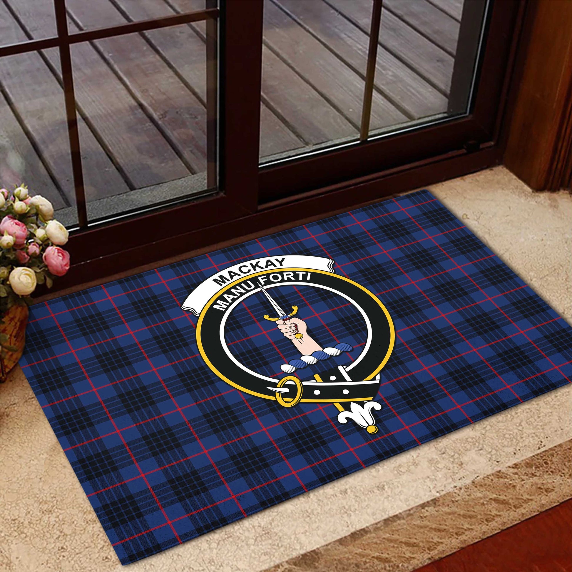 MacKay Blue Modern Tartan Door Mat with Family Crest - Tartanvibesclothing