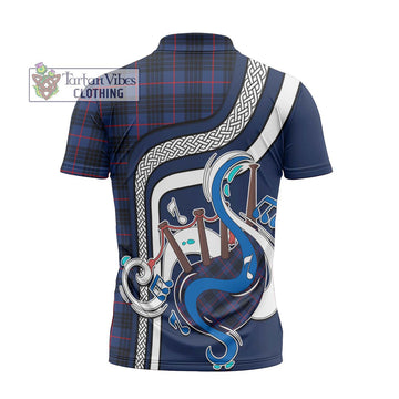 MacKay Blue Modern Tartan Zipper Polo Shirt with Epic Bagpipe Style