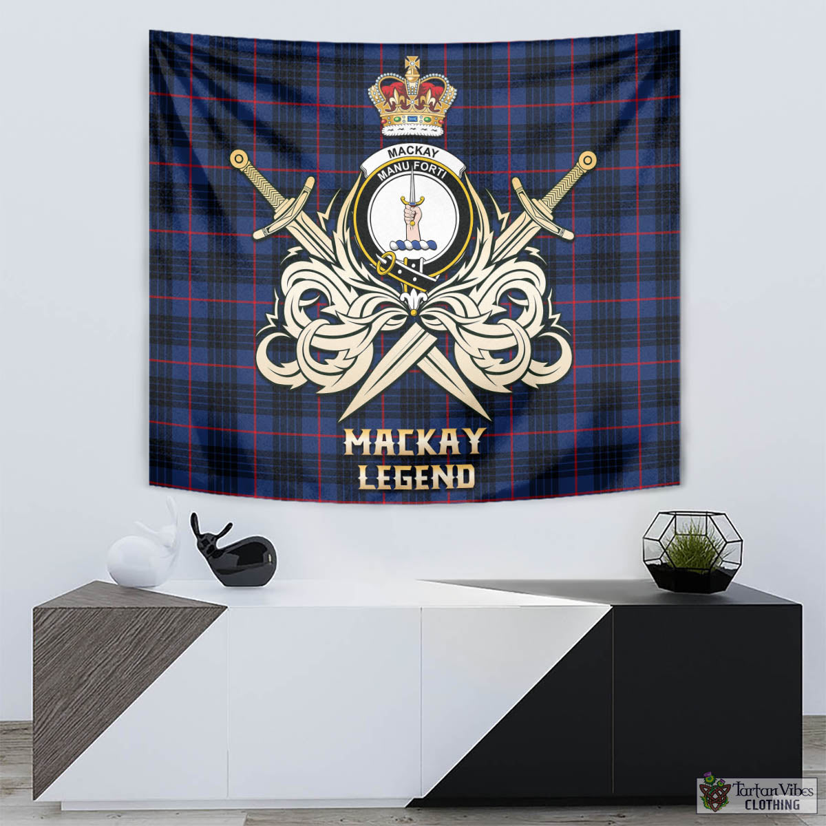 Tartan Vibes Clothing MacKay Blue Modern Tartan Tapestry with Clan Crest and the Golden Sword of Courageous Legacy