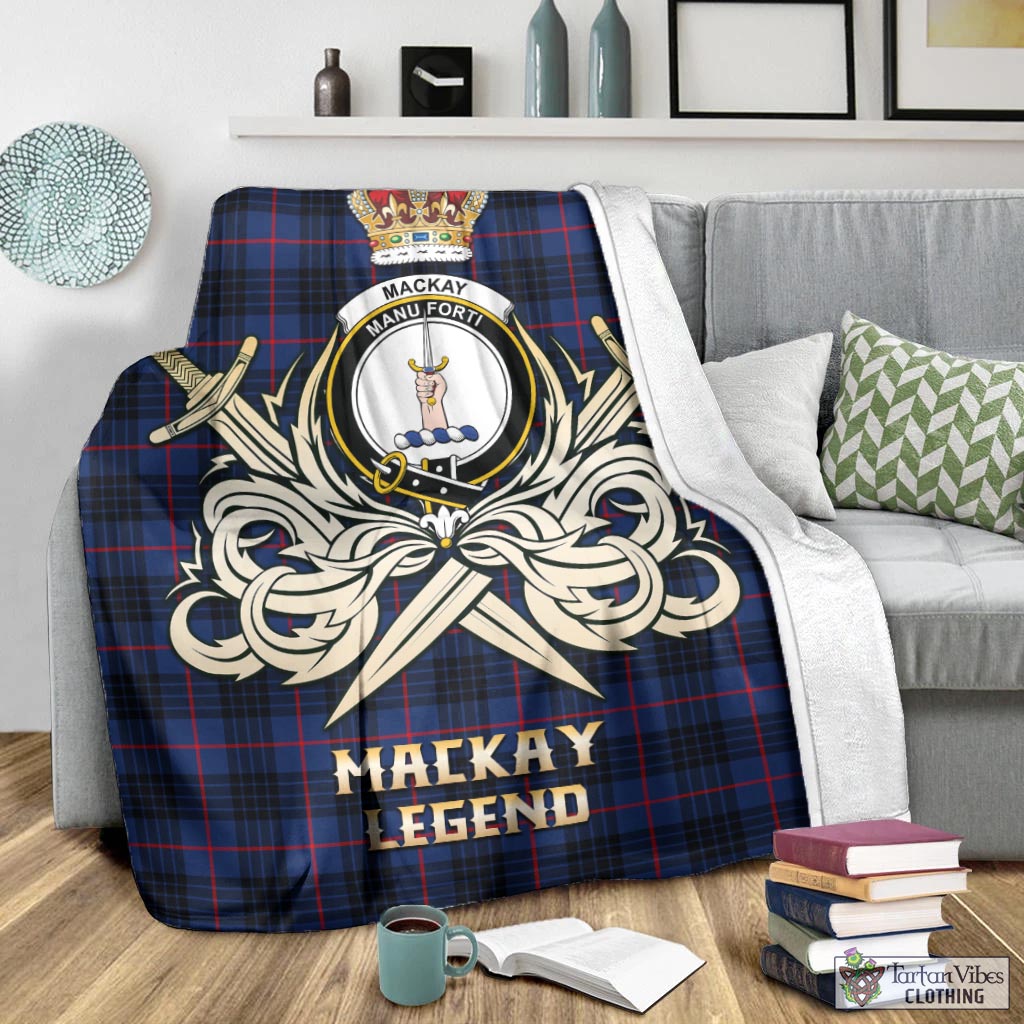 Tartan Vibes Clothing MacKay Blue Modern Tartan Blanket with Clan Crest and the Golden Sword of Courageous Legacy