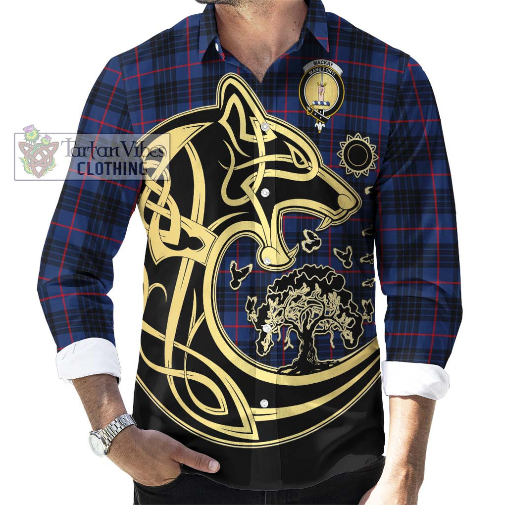 MacKay Blue Modern Tartan Long Sleeve Button Shirt with Family Crest Celtic Wolf Style - Tartan Vibes Clothing