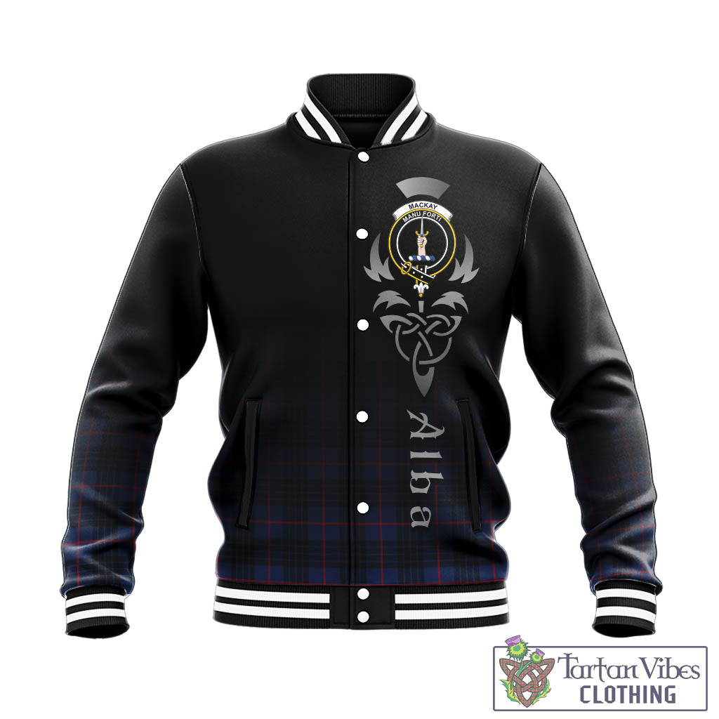 Tartan Vibes Clothing MacKay Blue Modern Tartan Baseball Jacket Featuring Alba Gu Brath Family Crest Celtic Inspired