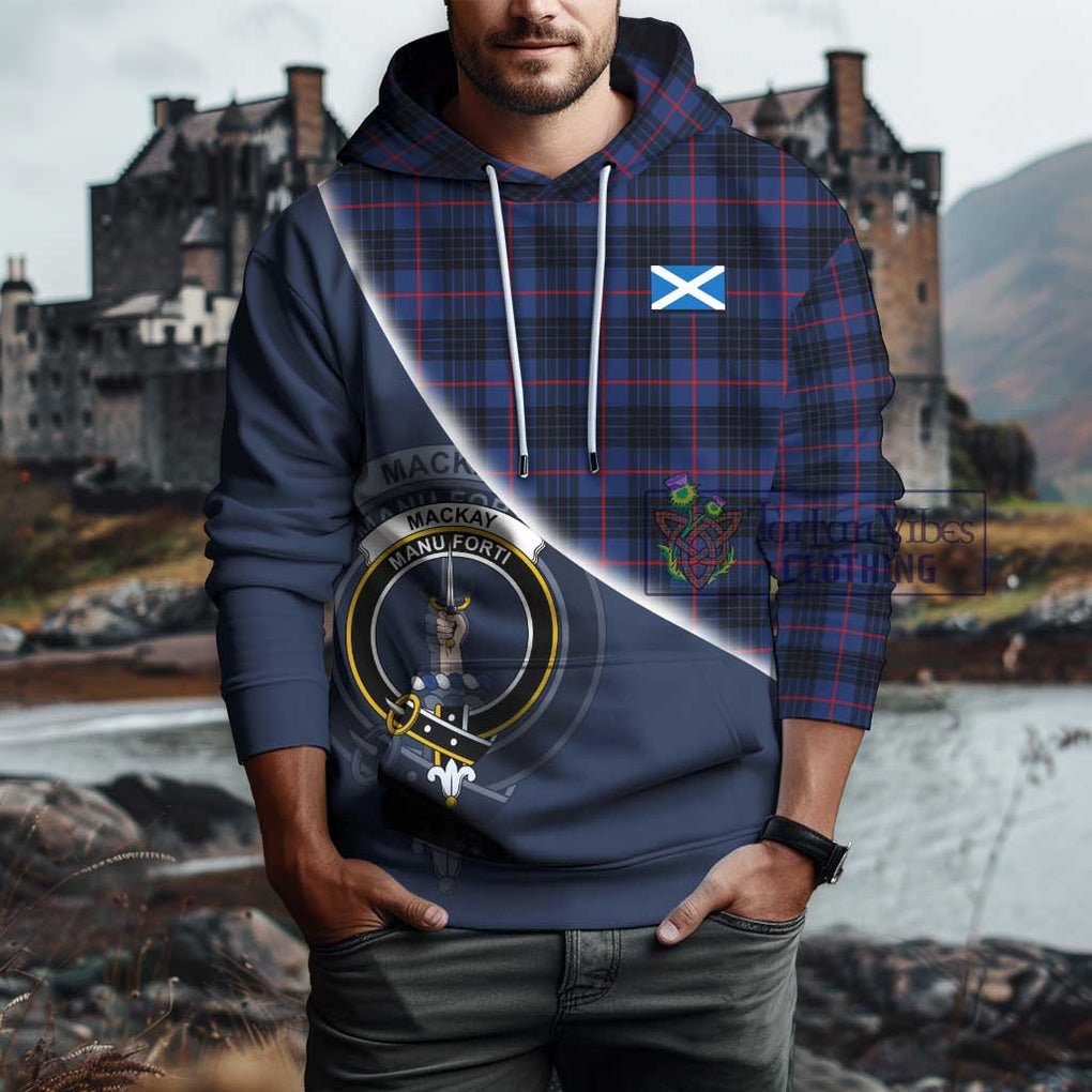 MacKay Blue Modern Tartan Hoodie with Personalised National Flag and Family Crest Half Style - Tartanvibesclothing Shop