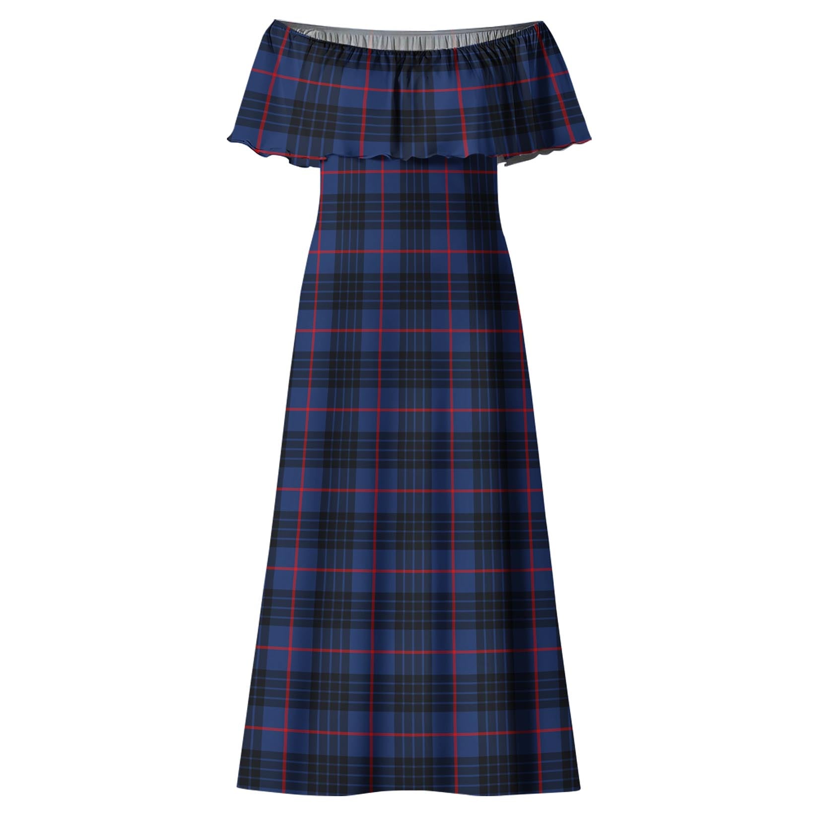 MacKay Blue Modern Tartan Off Shoulder Long Dress - Tartanvibesclothing