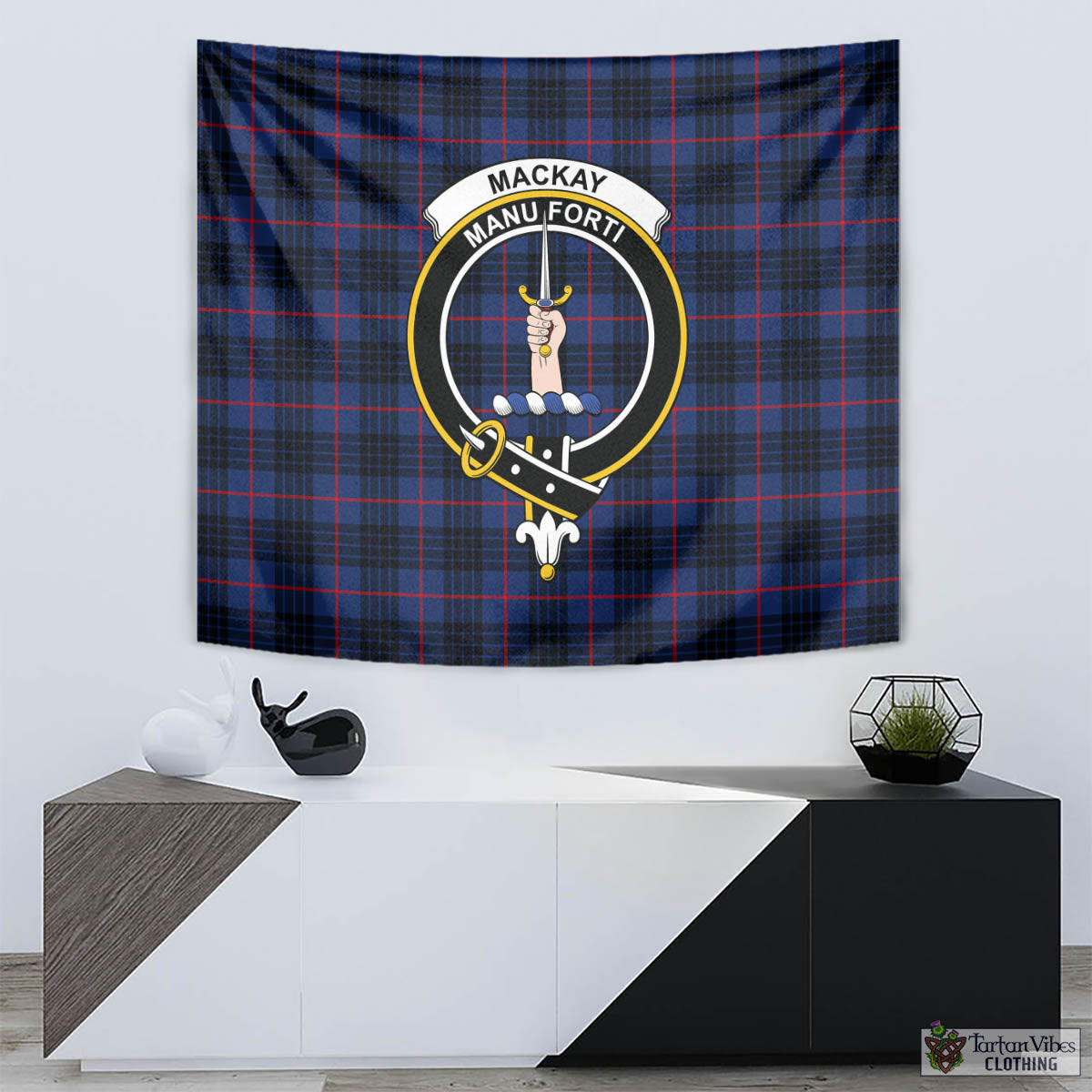 Tartan Vibes Clothing MacKay Blue Modern Tartan Tapestry Wall Hanging and Home Decor for Room with Family Crest