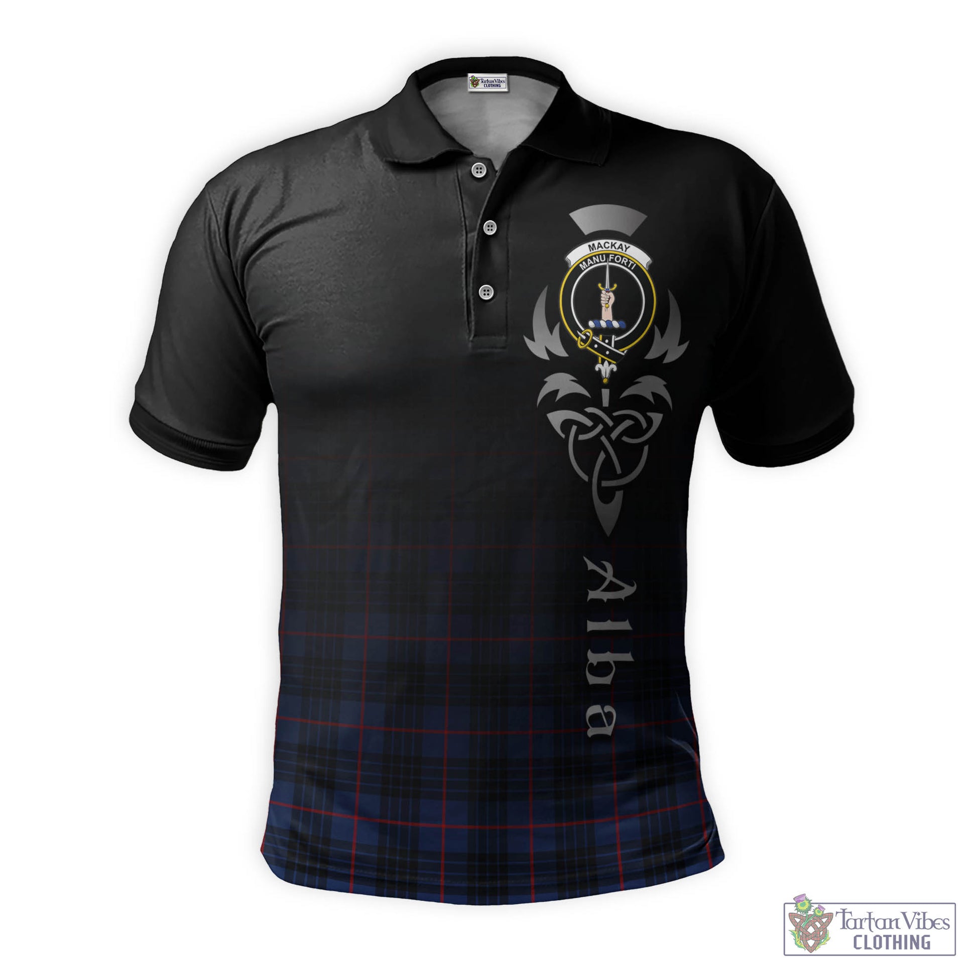 Tartan Vibes Clothing MacKay Blue Modern Tartan Polo Shirt Featuring Alba Gu Brath Family Crest Celtic Inspired