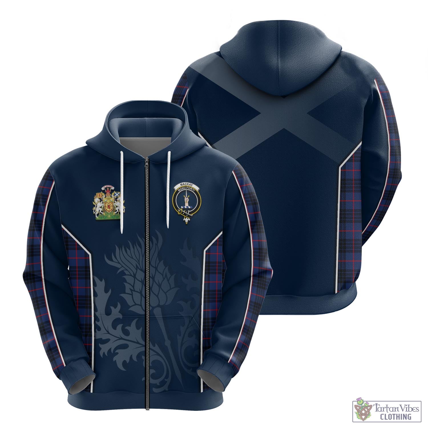 Tartan Vibes Clothing MacKay Blue Modern Tartan Hoodie with Family Crest and Scottish Thistle Vibes Sport Style