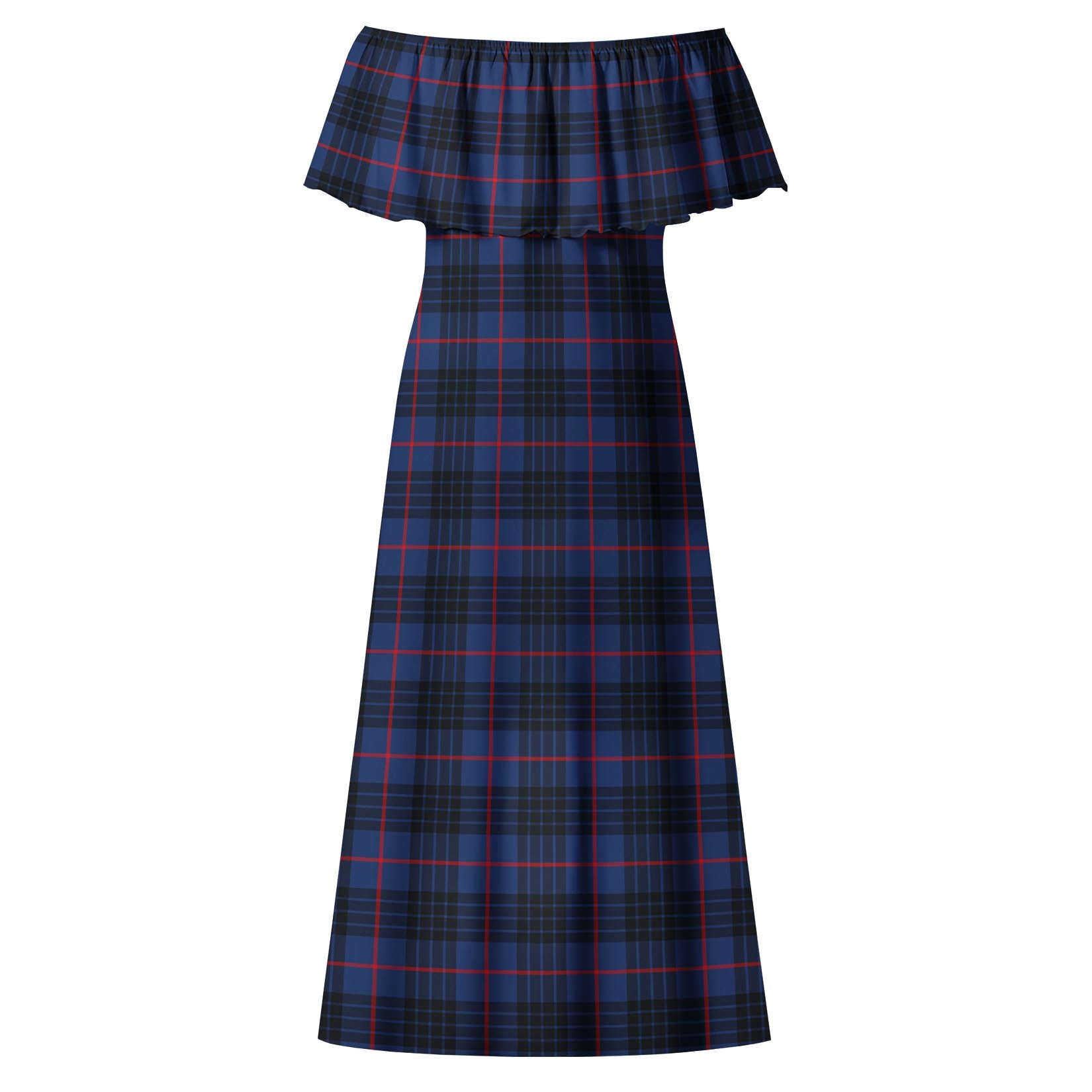 MacKay Blue Modern Tartan Off Shoulder Long Dress - Tartanvibesclothing