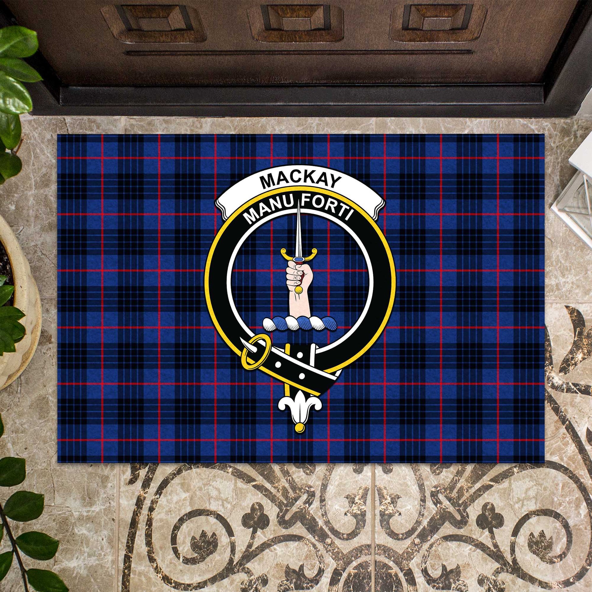 MacKay Blue Modern Tartan Door Mat with Family Crest - Tartanvibesclothing