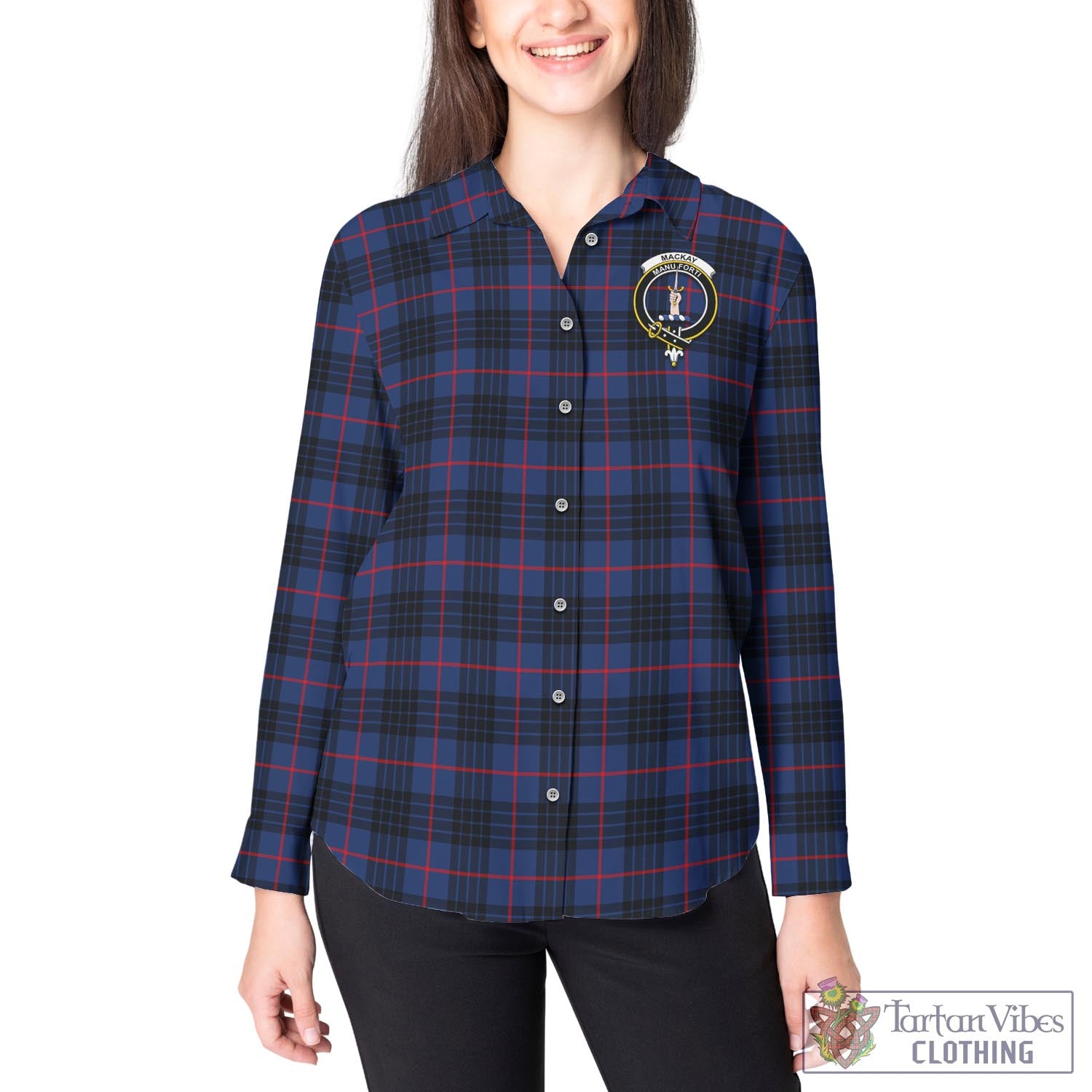 Tartan Vibes Clothing MacKay Blue Modern Tartan Womens Casual Shirt with Family Crest