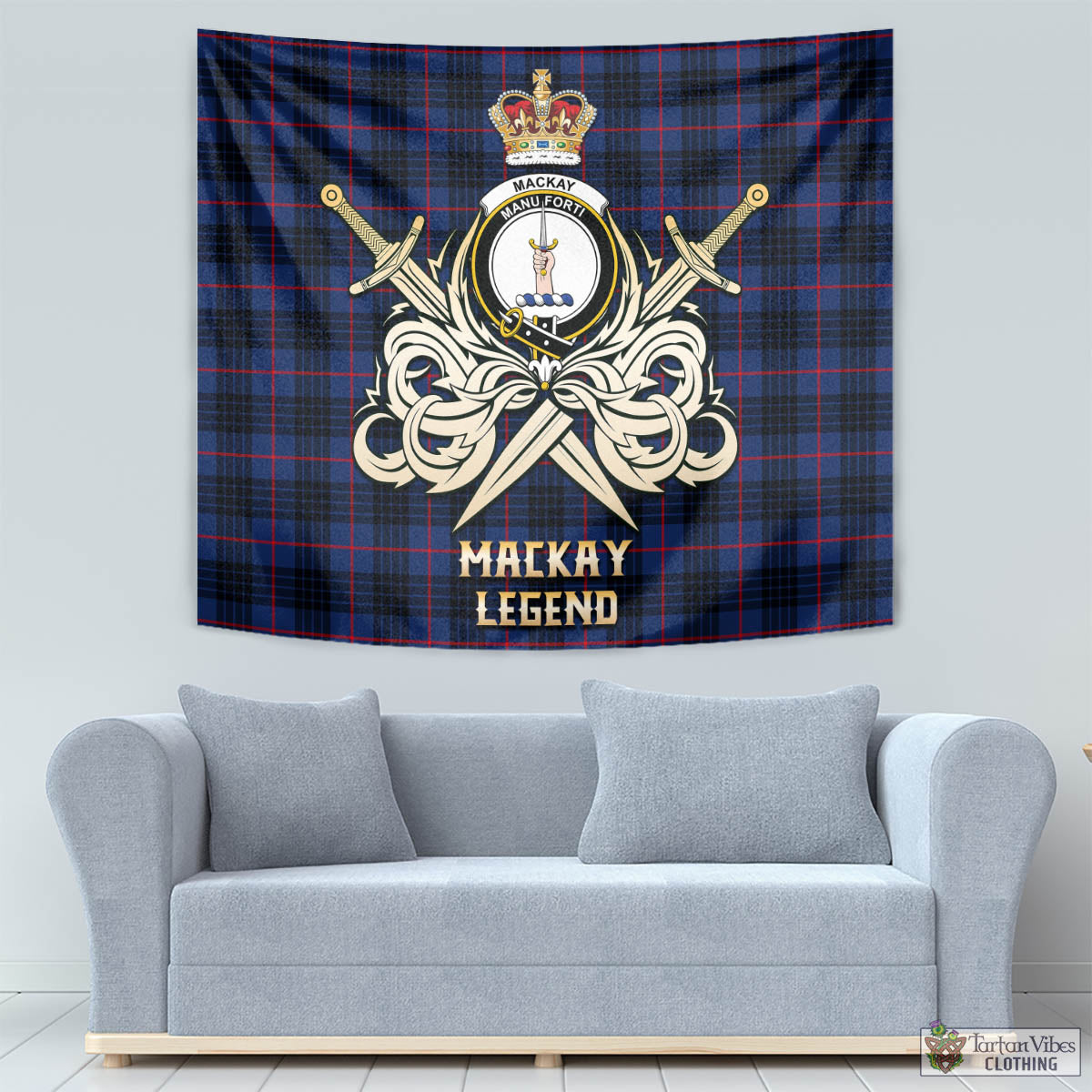 Tartan Vibes Clothing MacKay Blue Modern Tartan Tapestry with Clan Crest and the Golden Sword of Courageous Legacy