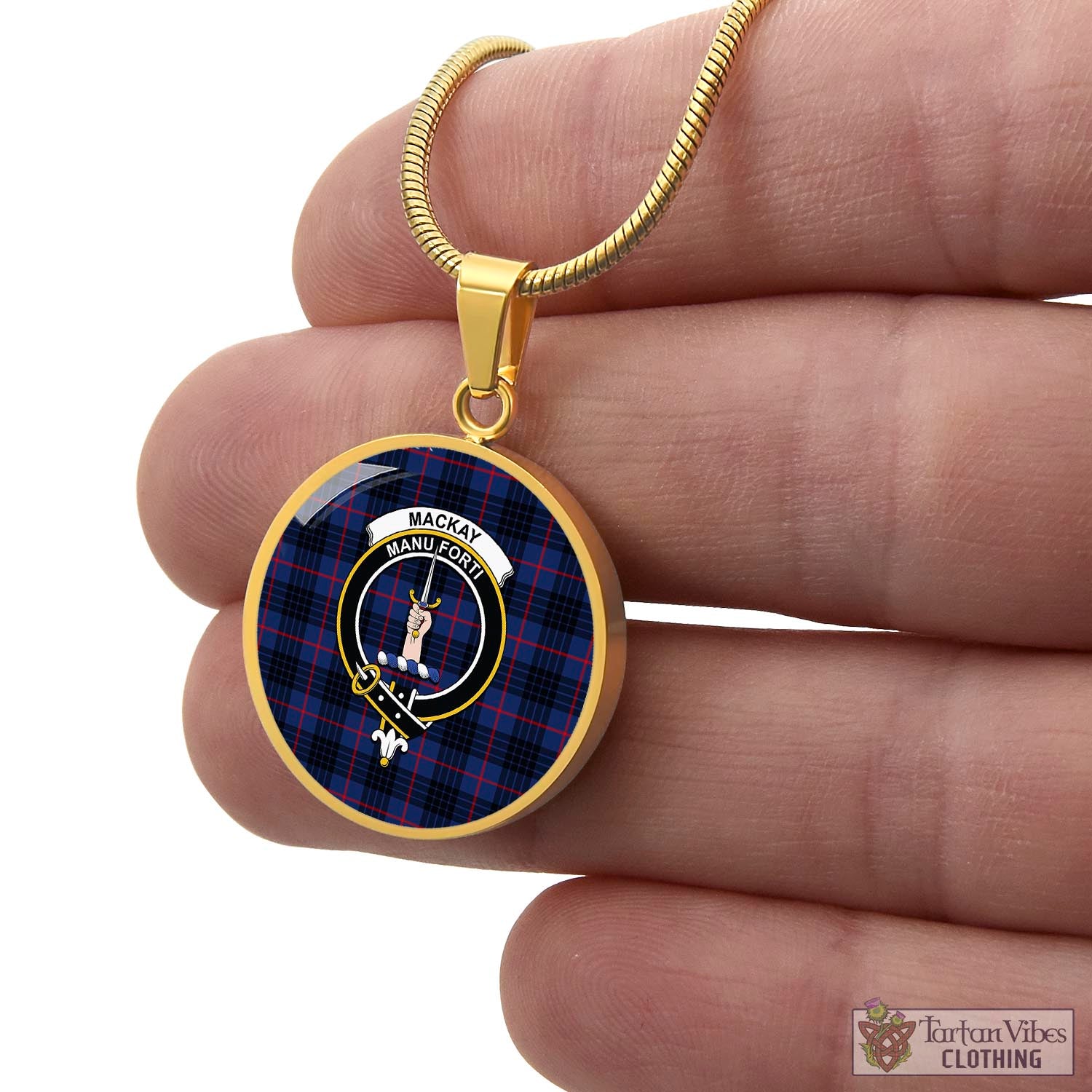 Tartan Vibes Clothing MacKay Blue Modern Tartan Circle Necklace with Family Crest