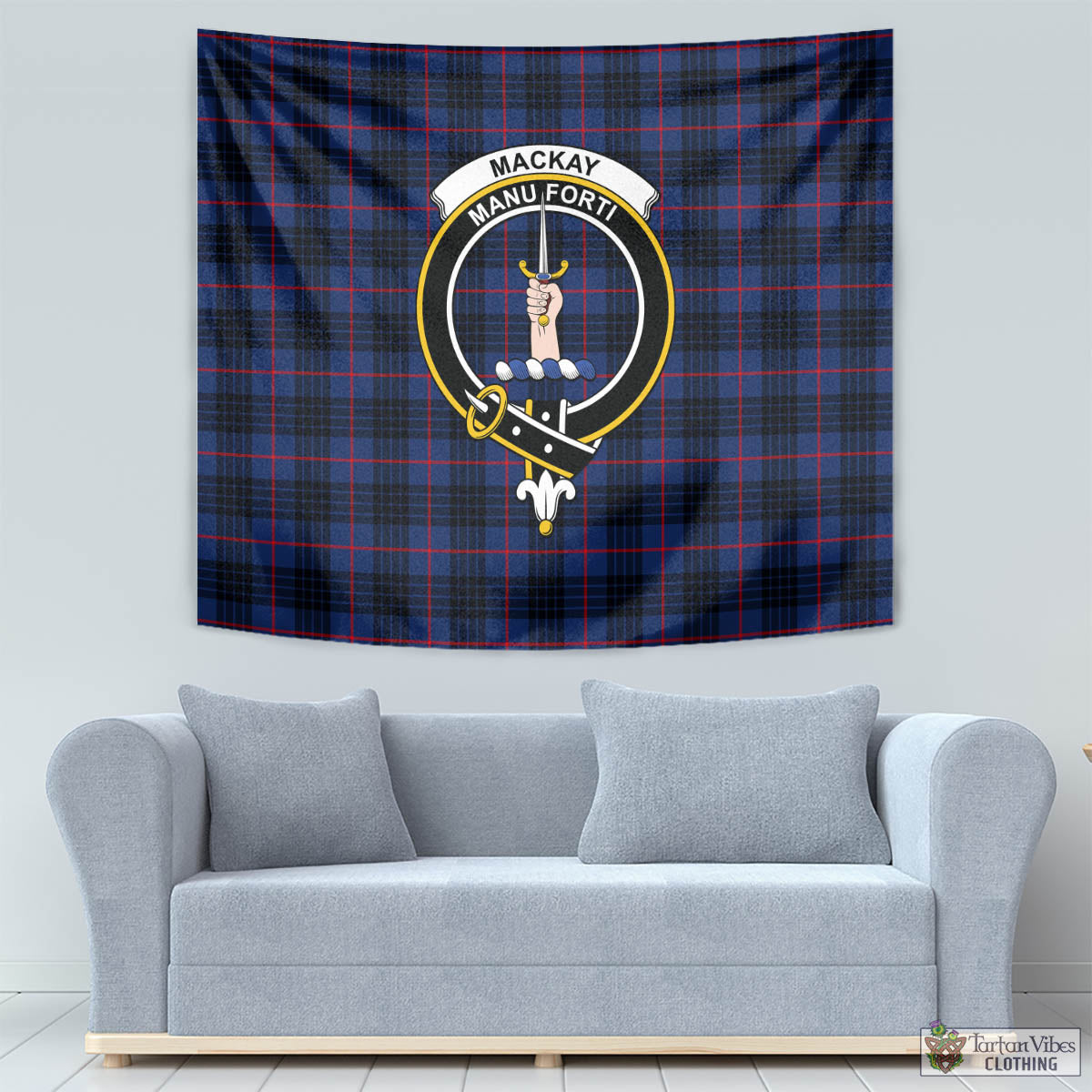 Tartan Vibes Clothing MacKay Blue Modern Tartan Tapestry Wall Hanging and Home Decor for Room with Family Crest