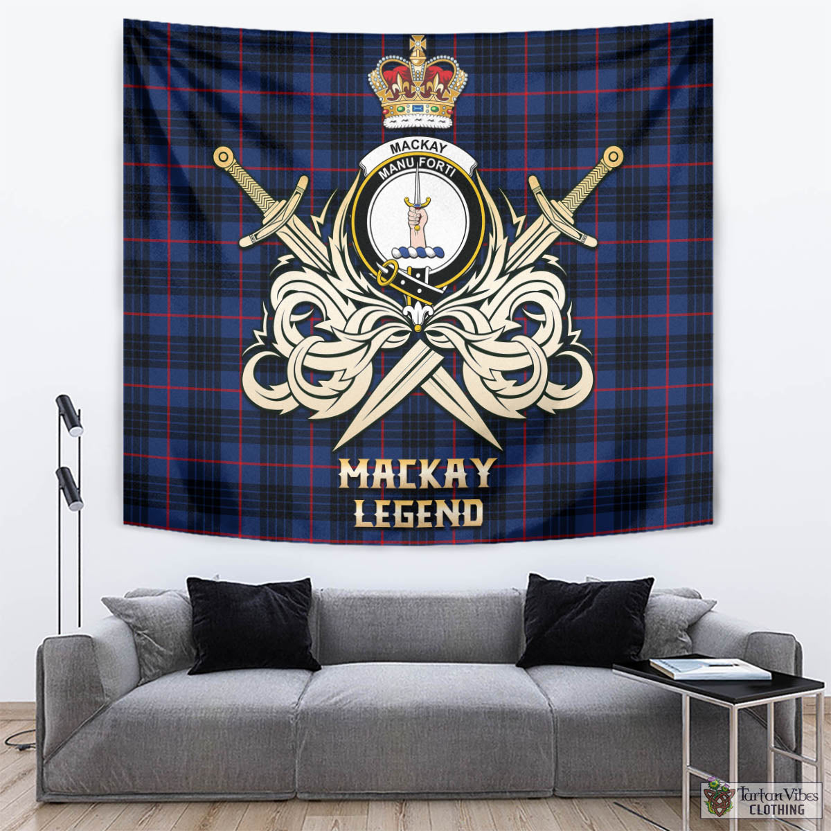 Tartan Vibes Clothing MacKay Blue Modern Tartan Tapestry with Clan Crest and the Golden Sword of Courageous Legacy