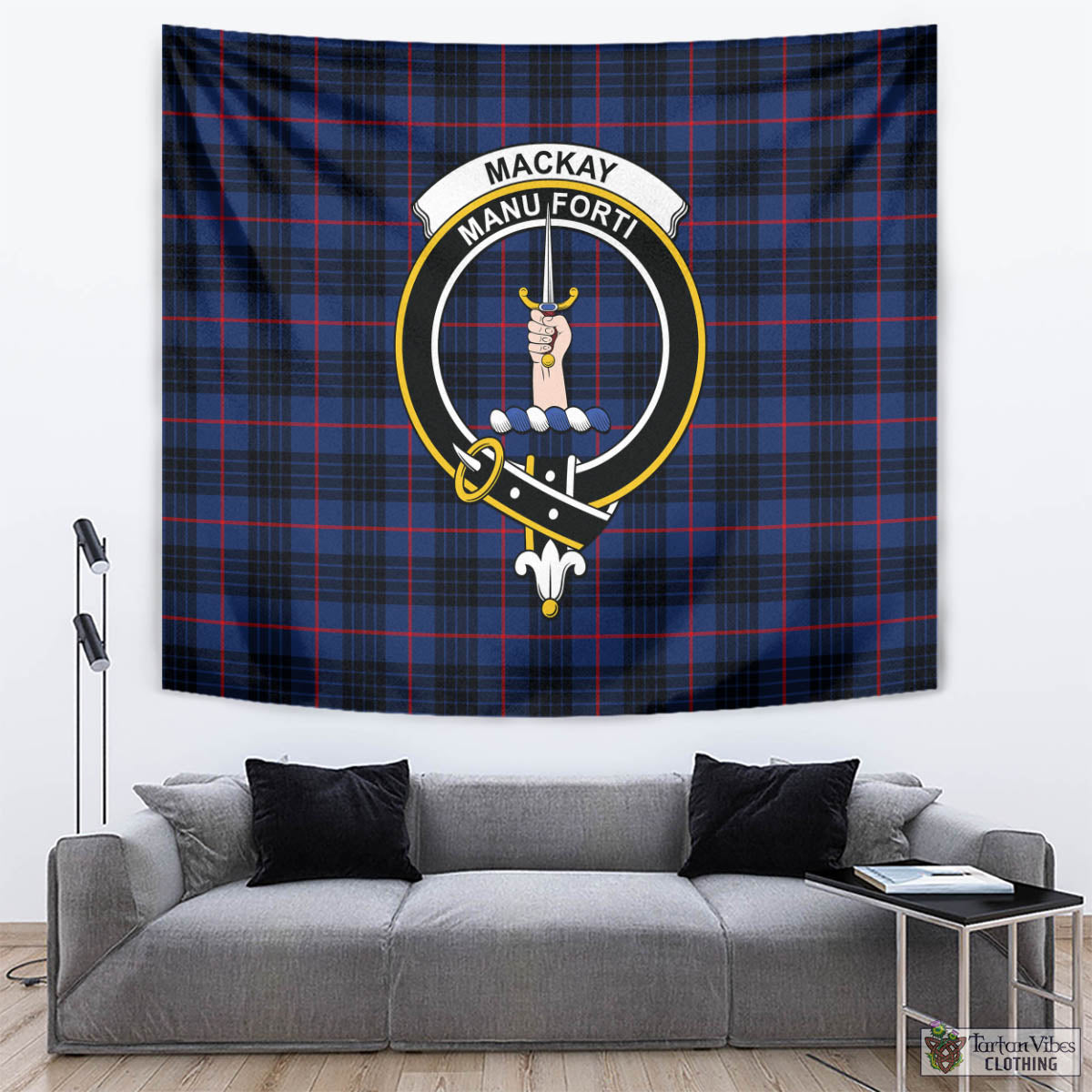 Tartan Vibes Clothing MacKay Blue Modern Tartan Tapestry Wall Hanging and Home Decor for Room with Family Crest