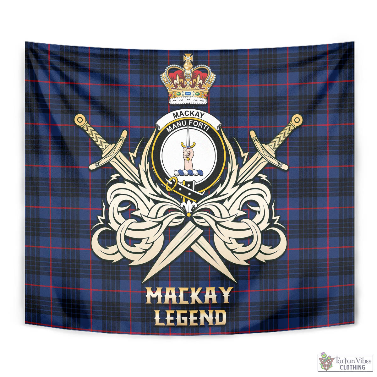 Tartan Vibes Clothing MacKay Blue Modern Tartan Tapestry with Clan Crest and the Golden Sword of Courageous Legacy