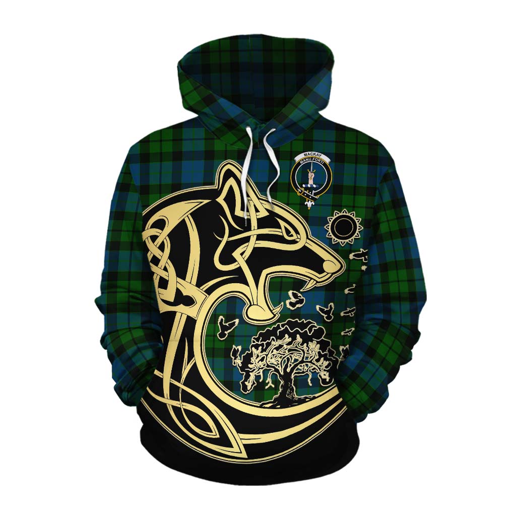 Tartan Vibes Clothing MacKay (McKay) Tartan Cotton Hoodie with Family Crest Celtic Wolf Style