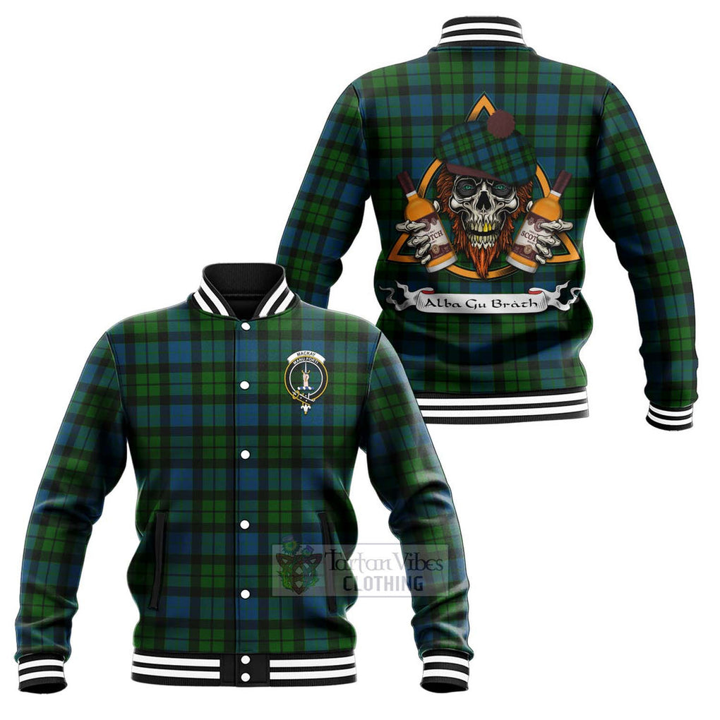 Tartan Vibes Clothing MacKay (McKay) Tartan Baseball Jacket with Family Crest and Bearded Skull Holding Bottles of Whiskey