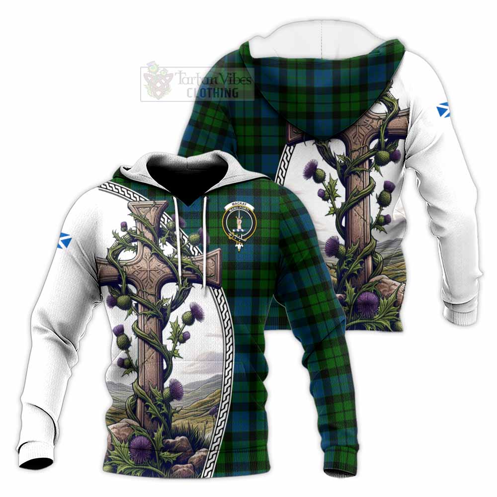 Tartan Vibes Clothing MacKay (McKay) Tartan Knitted Hoodie with Family Crest and St. Andrew's Cross Accented by Thistle Vines