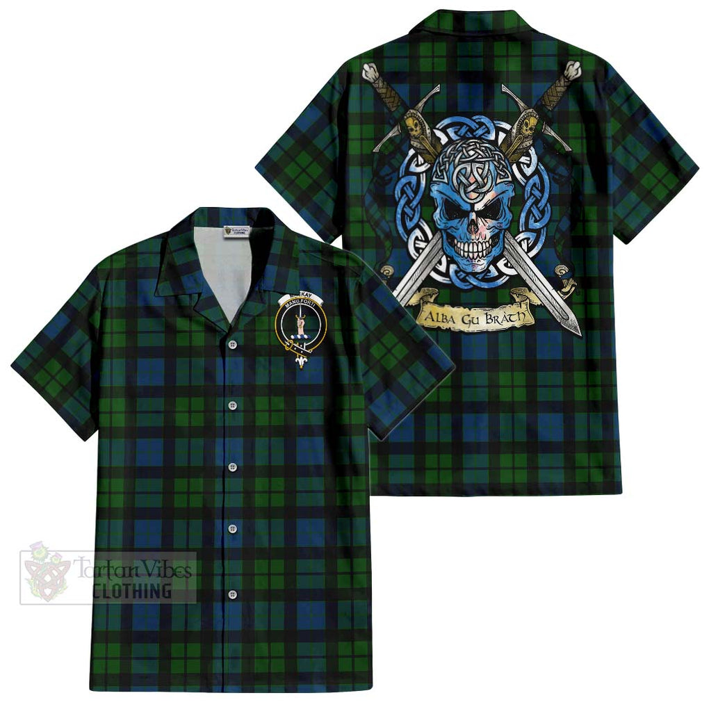 Tartan Vibes Clothing MacKay (McKay) Tartan Short Sleeve Button Shirt with Family Crest Celtic Skull Style