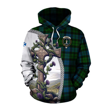 MacKay (McKay) Tartan Cotton Hoodie with Family Crest and St. Andrew's Cross Accented by Thistle Vines