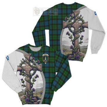 MacKay (McKay) Tartan Sweatshirt with Family Crest and St. Andrew's Cross Accented by Thistle Vines