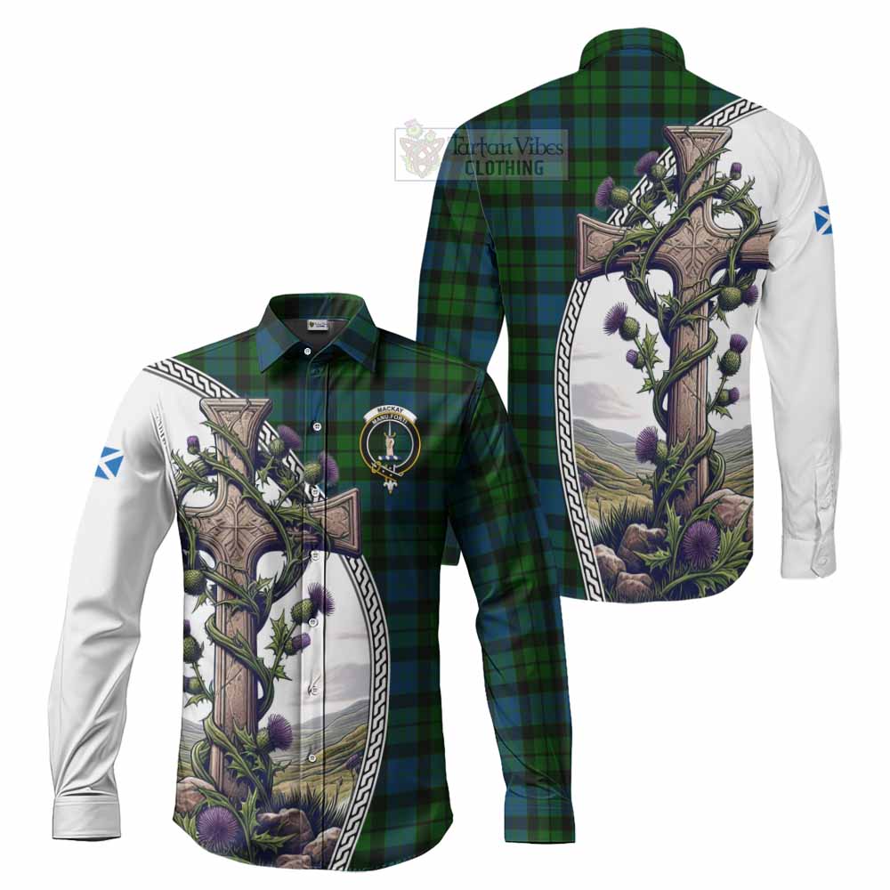 Tartan Vibes Clothing MacKay (McKay) Tartan Long Sleeve Button Shirt with Family Crest and St. Andrew's Cross Accented by Thistle Vines