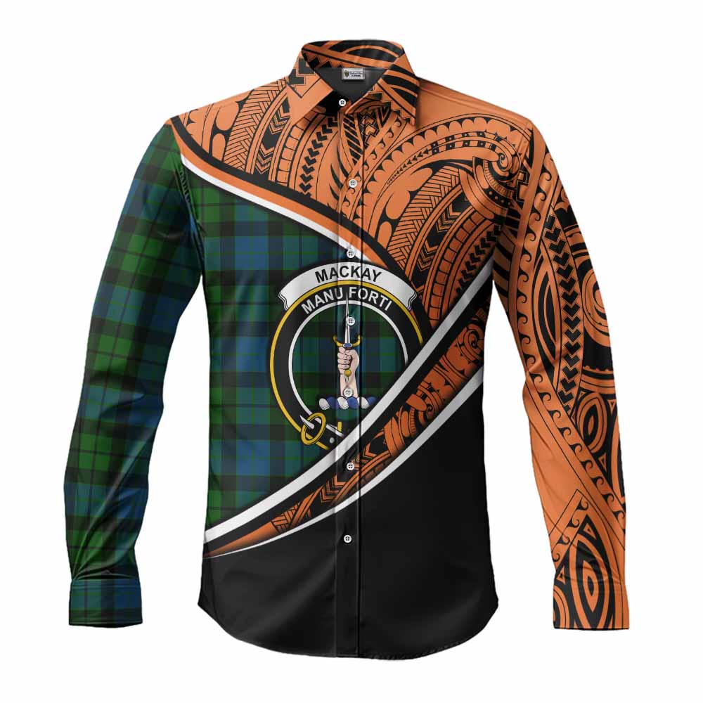 Tartan Vibes Clothing MacKay (McKay) Crest Tartan Long Sleeve Button Shirt with Maori Tattoo Style - Orange Version