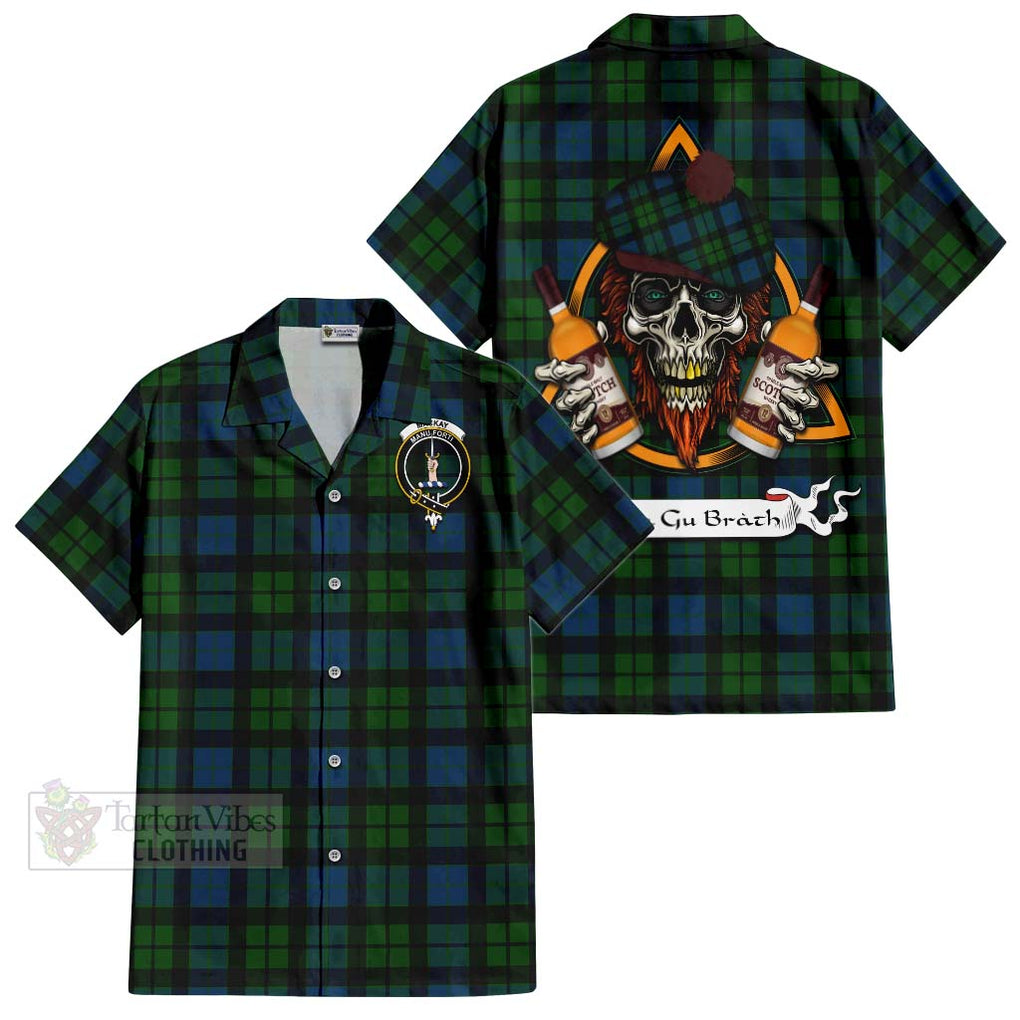 Tartan Vibes Clothing MacKay (McKay) Tartan Short Sleeve Button Shirt with Family Crest and Bearded Skull Holding Bottles of Whiskey