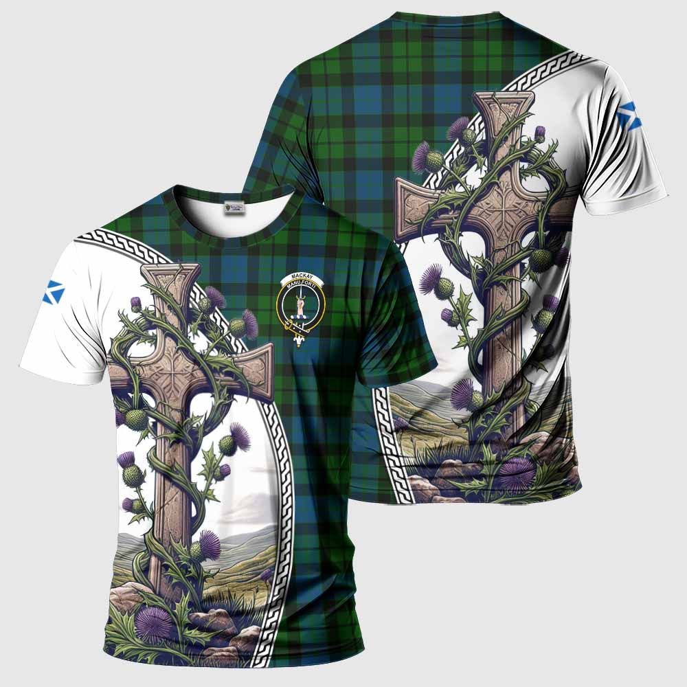 Tartan Vibes Clothing MacKay (McKay) Agnew Tartan T-Shirt with Family Crest and St. Andrew's Cross Accented by Thistle Vines