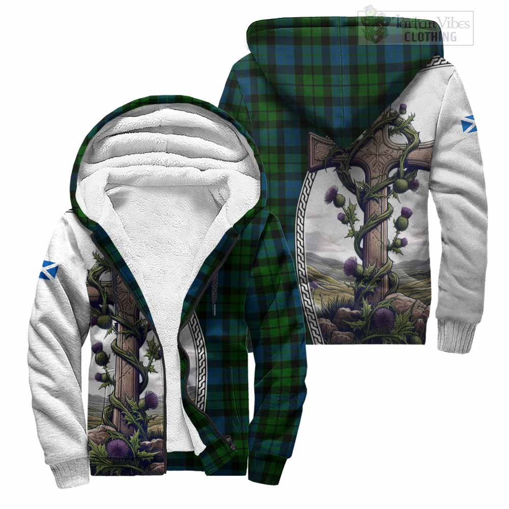 Tartan Vibes Clothing MacKay (McKay) Tartan Sherpa Hoodie with Family Crest and St. Andrew's Cross Accented by Thistle Vines