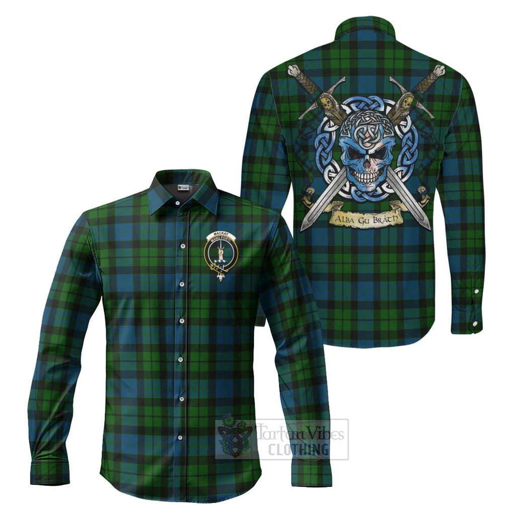 Tartan Vibes Clothing MacKay (McKay) Tartan Long Sleeve Button Shirt with Family Crest Celtic Skull Style