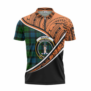 MacKay (McKay) Crest Tartan Zipper Polo Shirt with Polynesian Vibes Style - Orange Version