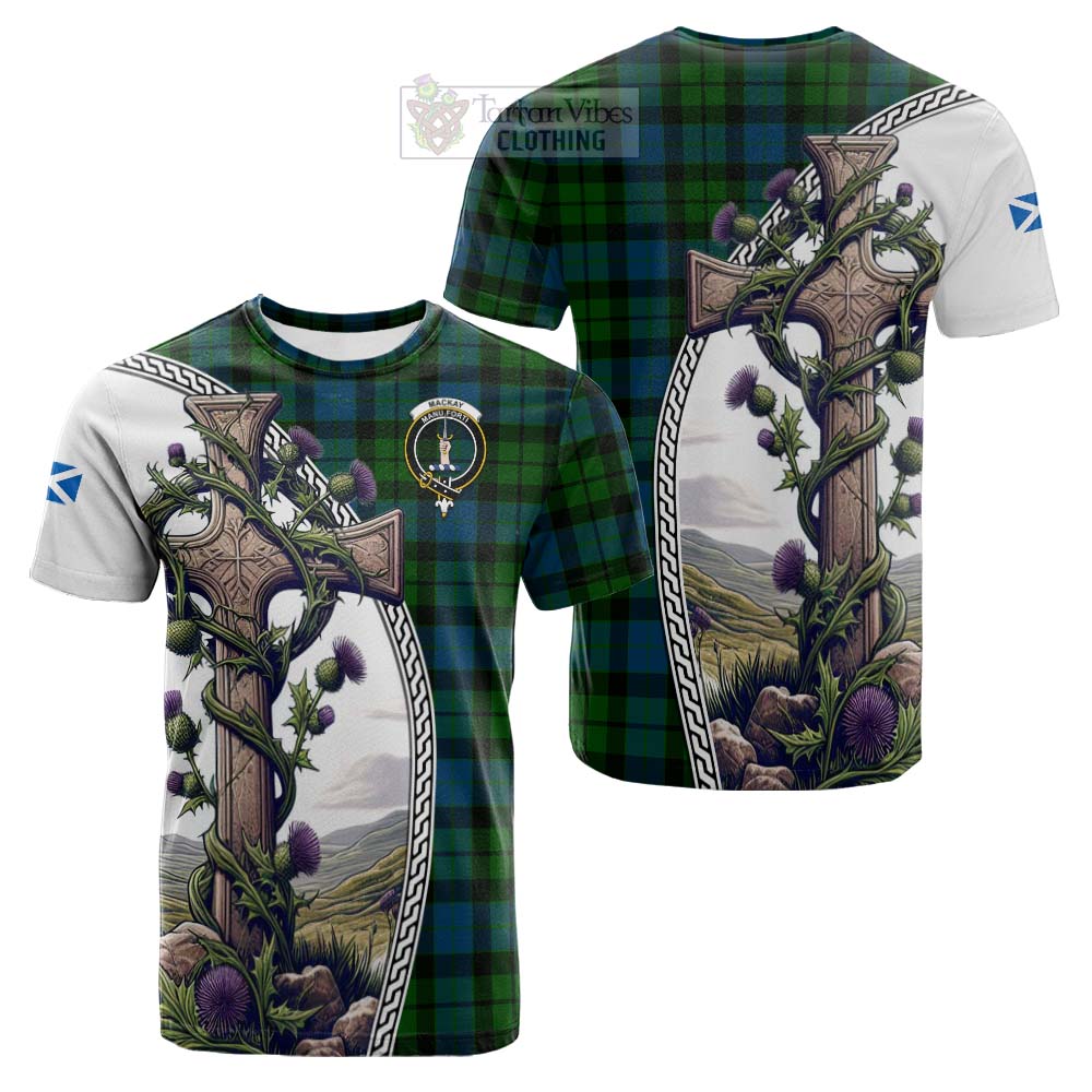 Tartan Vibes Clothing MacKay (McKay) Tartan Cotton T-shirt with Family Crest and St. Andrew's Cross Accented by Thistle Vines