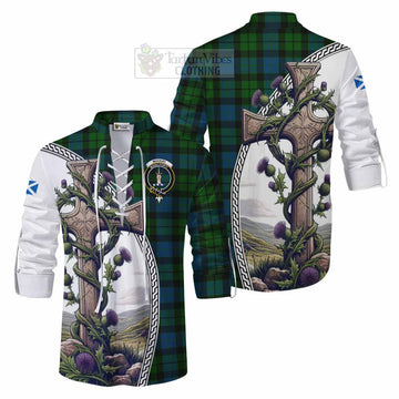 MacKay (McKay) Tartan Ghillie Kilt Shirt with Family Crest and St. Andrew's Cross Accented by Thistle Vines