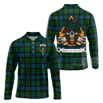 MacKay (McKay) Tartan Long Sleeve Polo Shirt with Family Crest and Bearded Skull Holding Bottles of Whiskey