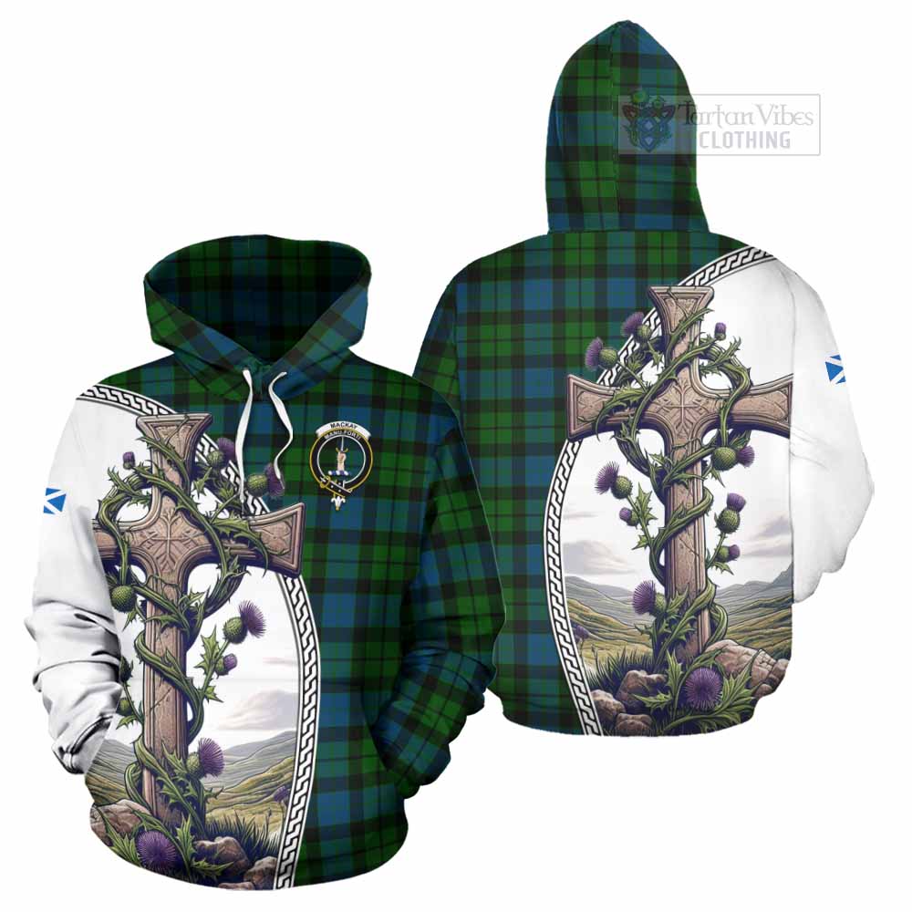 Tartan Vibes Clothing MacKay (McKay) Tartan Hoodie with Family Crest and St. Andrew's Cross Accented by Thistle Vines