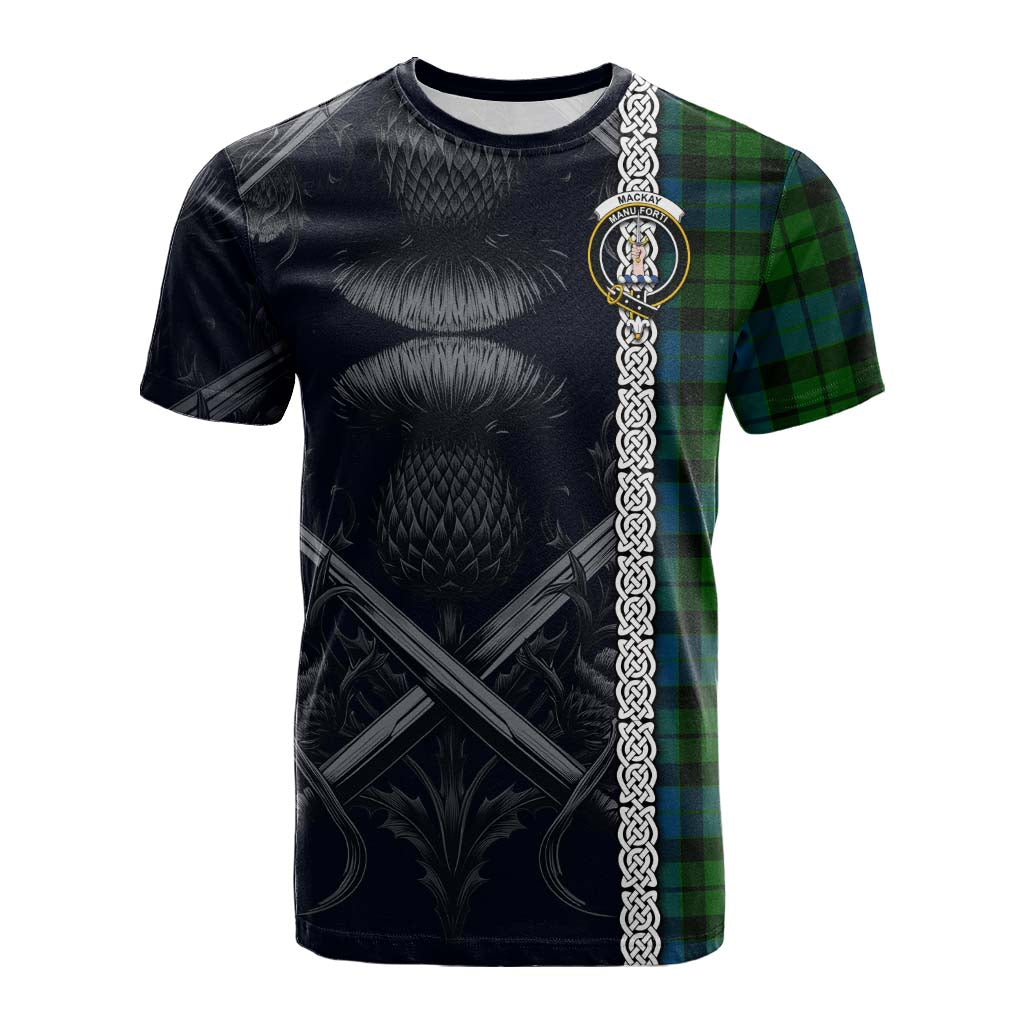 Tartan Vibes Clothing MacKay (McKay) Tartan Cotton T-shirt with Family Crest Cross Sword Thistle Celtic Vibes