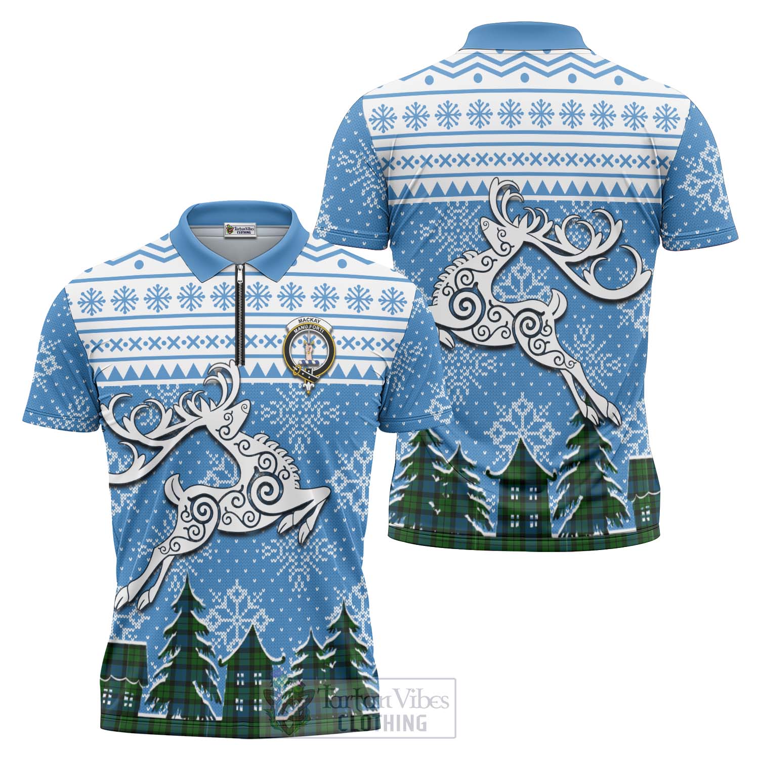 Tartan Vibes Clothing MacKay (McKay) Clan Christmas Zipper Polo Shirt Celtic Reindeer Style