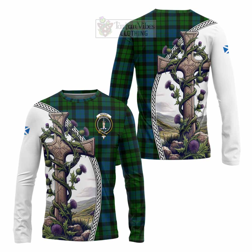 Tartan Vibes Clothing MacKay (McKay) Tartan Long Sleeve T-Shirt with Family Crest and St. Andrew's Cross Accented by Thistle Vines