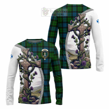 MacKay (McKay) Tartan Long Sleeve T-Shirt with Family Crest and St. Andrew's Cross Accented by Thistle Vines