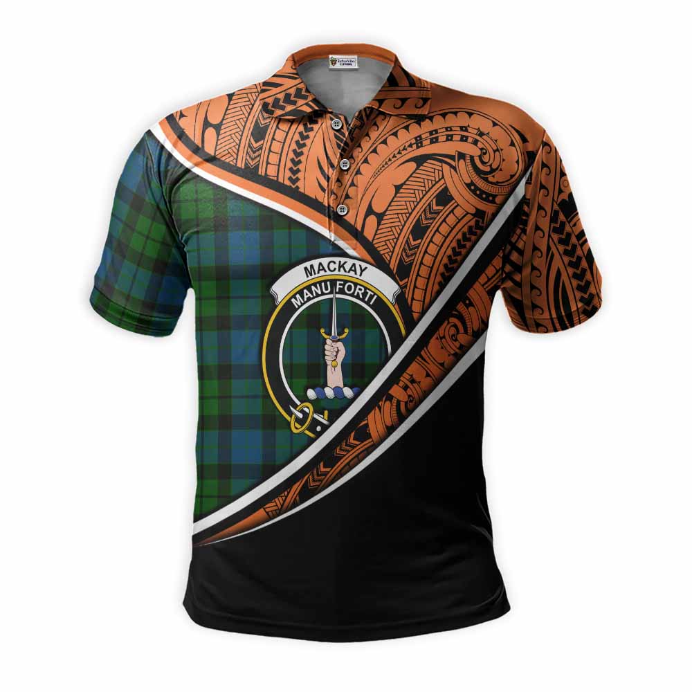 Tartan Vibes Clothing MacKay (McKay) Crest Tartan Polo Shirt with Maori Tattoo Style - Orange Version