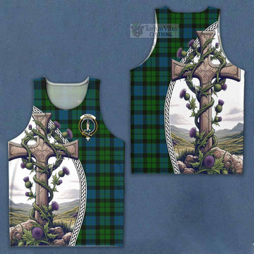 MacKay (McKay) Tartan Men's Tank Top with Family Crest and St. Andrew's Cross Accented by Thistle Vines