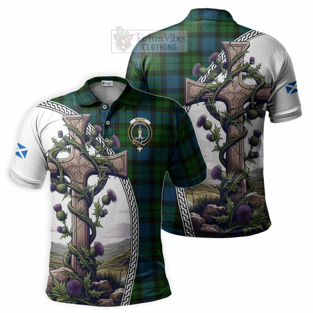 Tartan Vibes Clothing MacKay (McKay) Tartan Polo Shirt with Family Crest and St. Andrew's Cross Accented by Thistle Vines